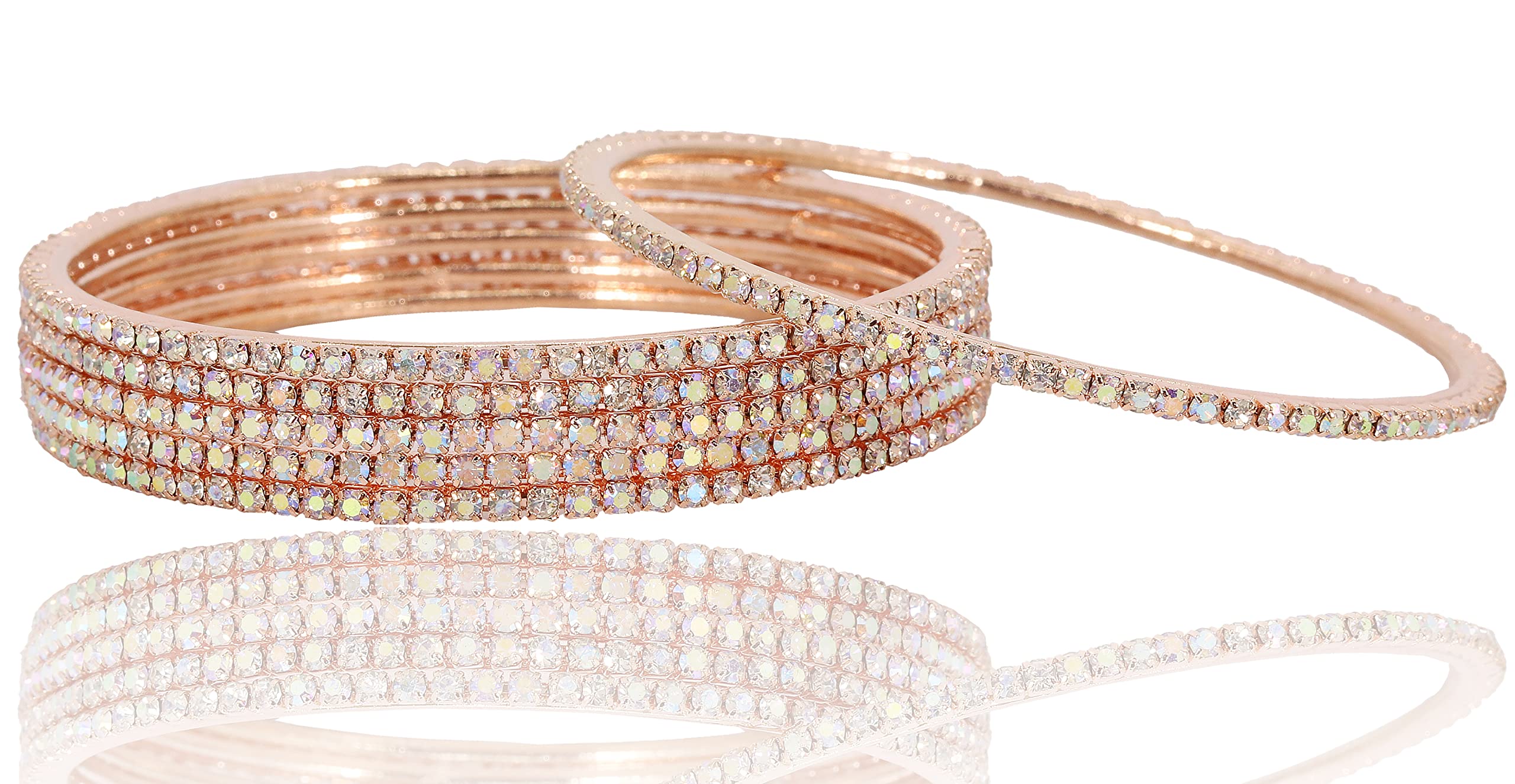 Zircon Gemstone Studded Bangle Set, RoseGold-Rainbow, Pack of 12